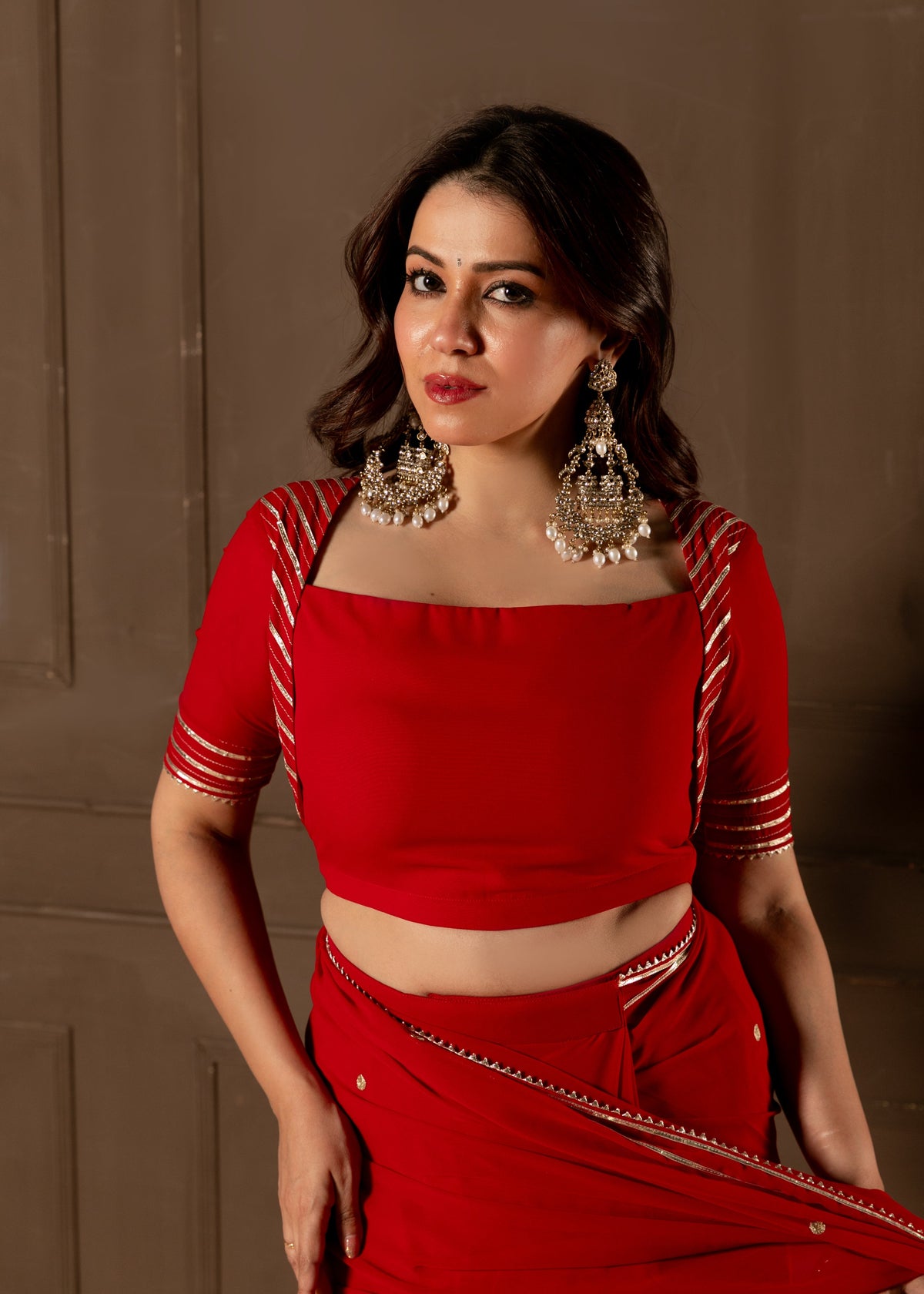 Cheri Red Embroided Pre-draped Saree with Blouse and Peticoat
