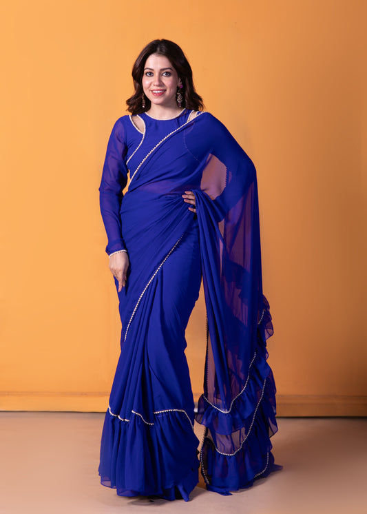 Aquamarine Blue Pre-draped Filled Saree with Blouse and Peticoat