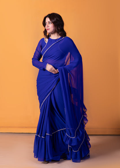 Aquamarine Blue Pre-draped Frilled Saree with Blouse and Peticoat