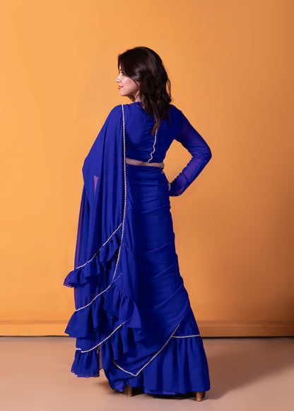 Aquamarine Blue Pre-draped Frilled Saree with Blouse and Peticoat