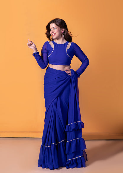 Aquamarine Blue Pre-draped Frilled Saree with Blouse and Peticoat