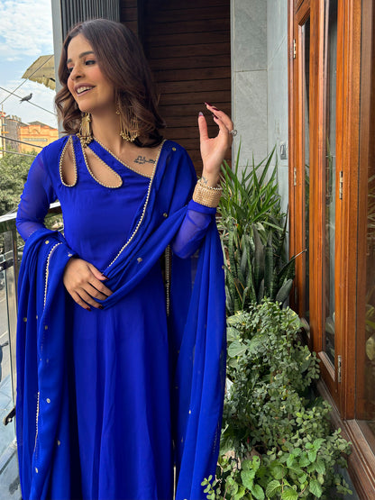 Roman Blue Petal Neck Anarkali with Dupatta