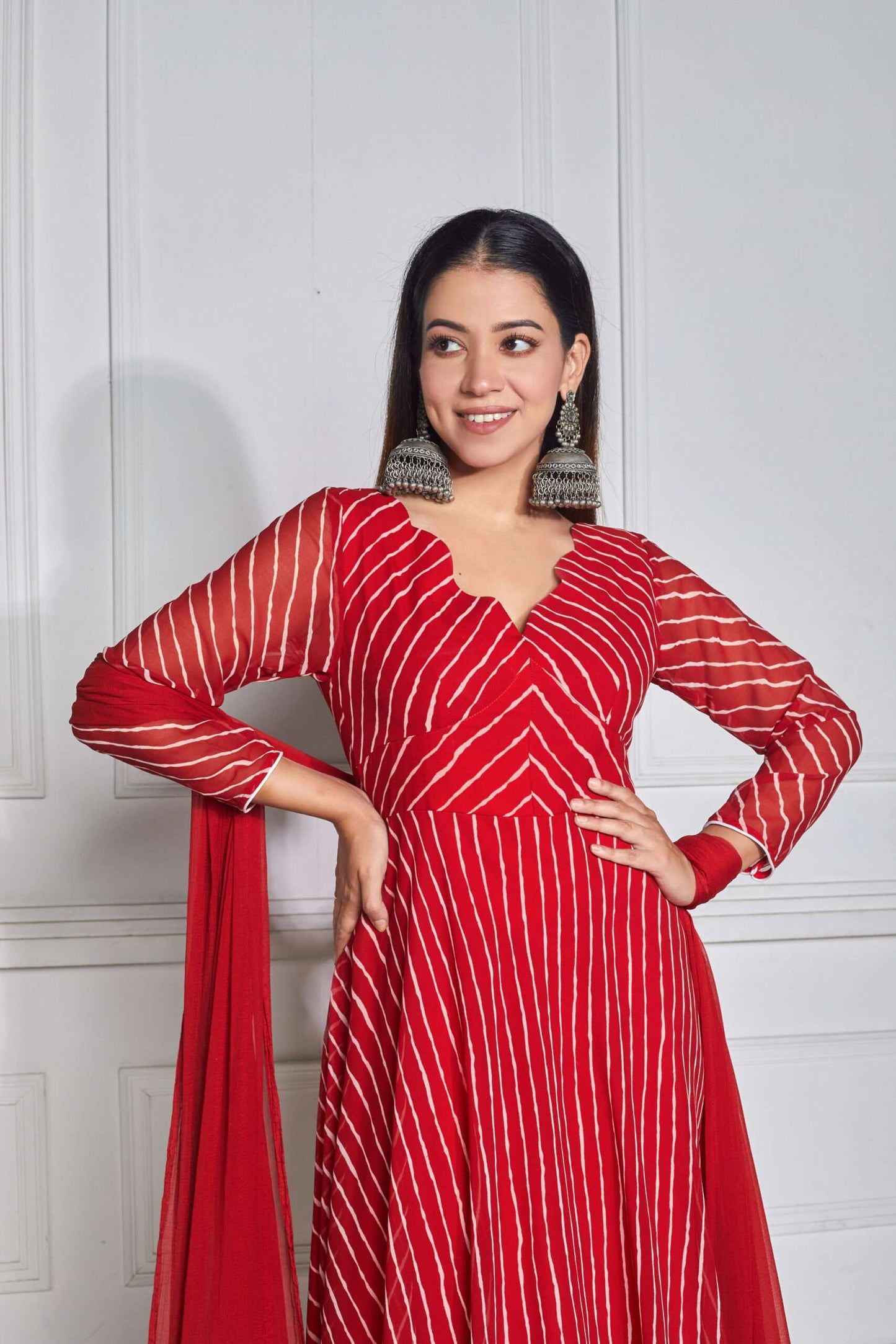 Scarlet Red Leheriya Anarkali with Dupatta