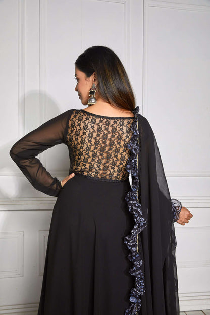 Raisin Black Sheer Back Anarkali with Dupatta