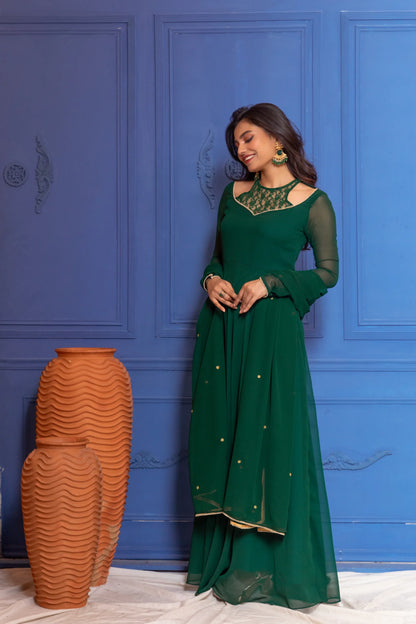 Turquoise Green Illusion Neck Anarkali