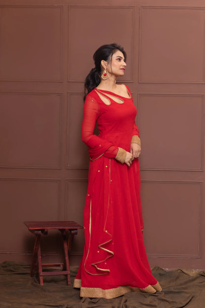 Red Petal Neck Anarkali with Dupatta