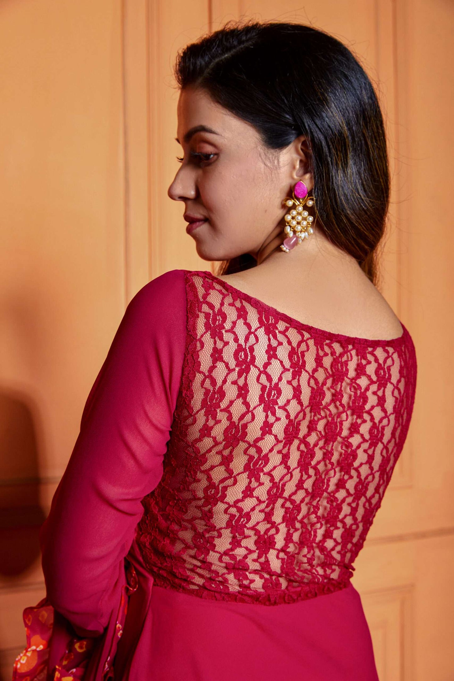 Raspberry Pink Sheer Back Anarkali with Dupatta