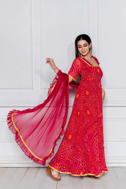 Wild Berry Pink Bandhani Anarkali with Dupatta