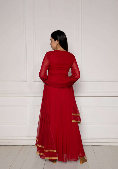 Jasper Red Embroidered Anarkali with Dupatta