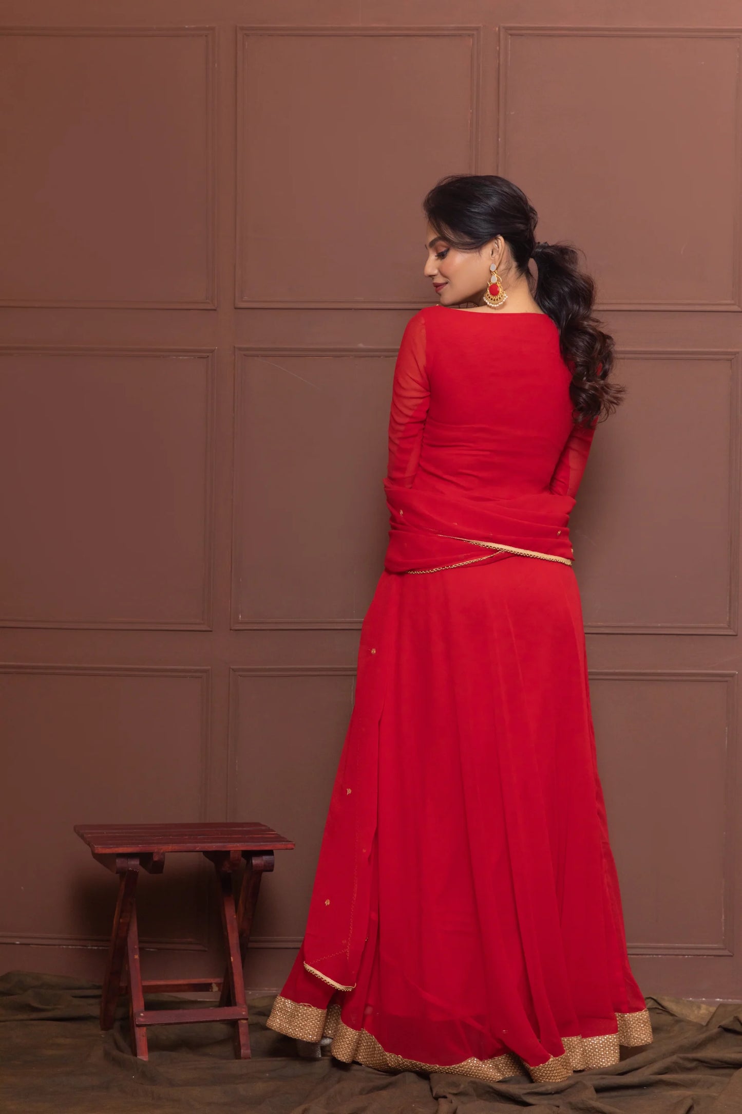 Red Petal Neck Anarkali with Dupatta