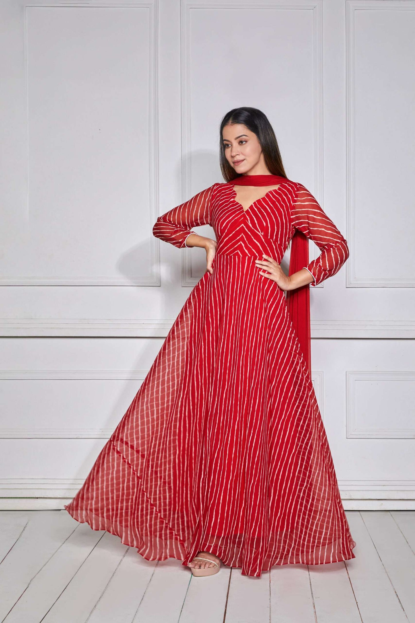 Scarlet Red Leheriya Anarkali with Dupatta