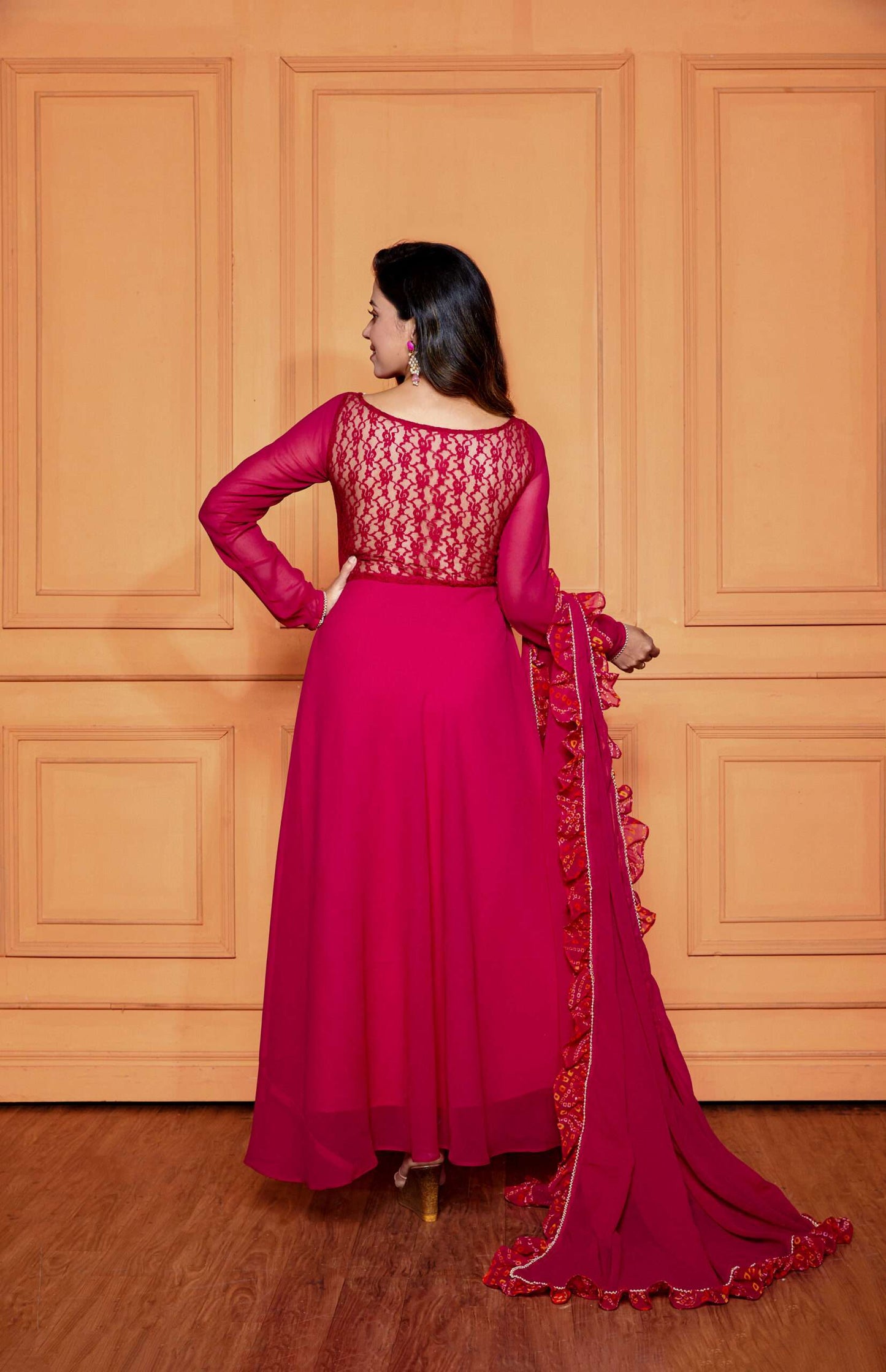 Raspberry Pink Sheer Back Anarkali with Dupatta