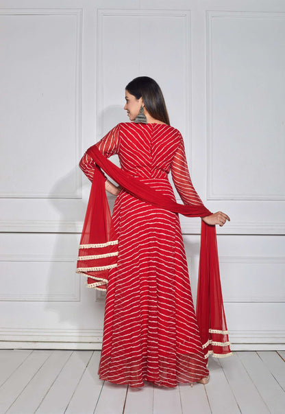 Scarlet Red Leheriya Anarkali with Dupatta