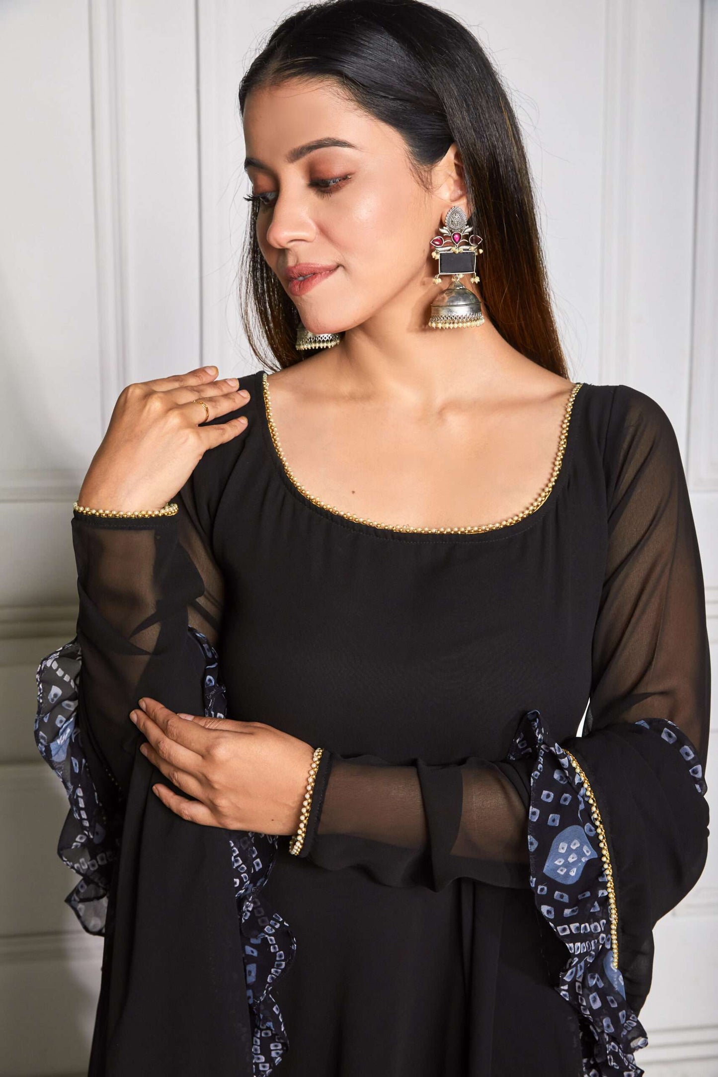 Raisin Black Sheer Back Anarkali with Dupatta