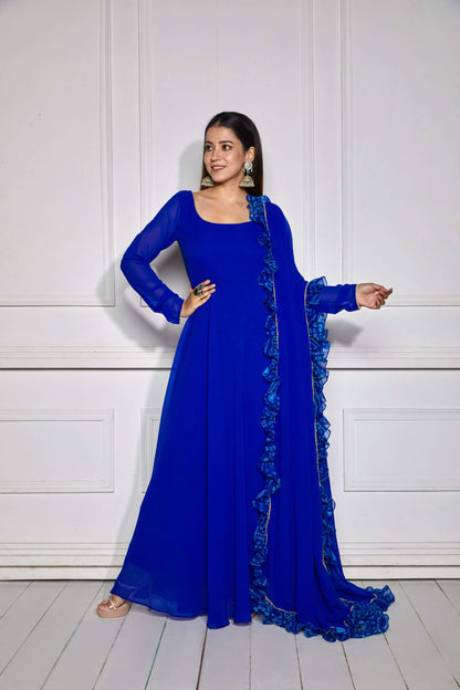 Azure Blue Sheer Back Anarkali with Dupatta