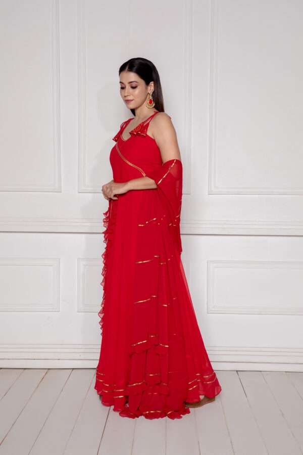 Crimson Red Strappy Anarkali with Dupatta