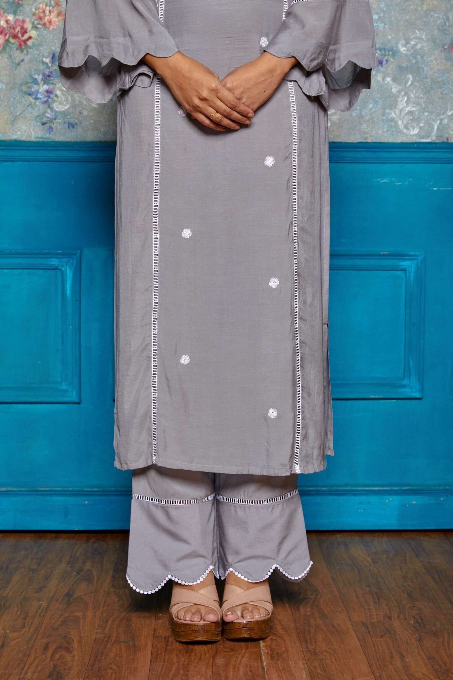 Silver Grey Lacy Muslin Kurta Set