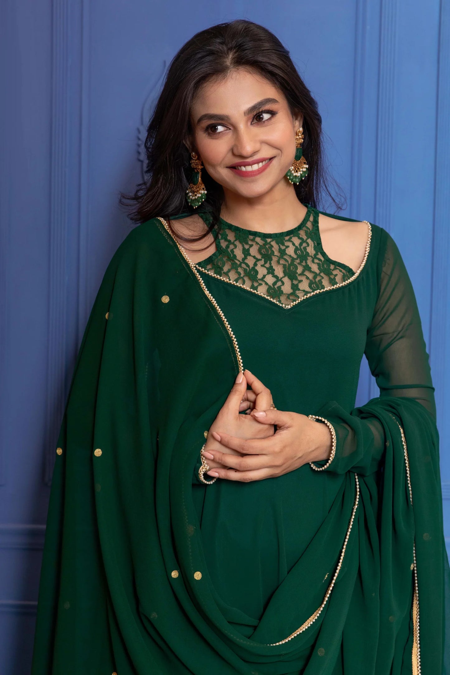 Turquoise Green Illusion Neck Anarkali