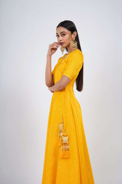 Yellow Bandhani Anarkali with Dupatta