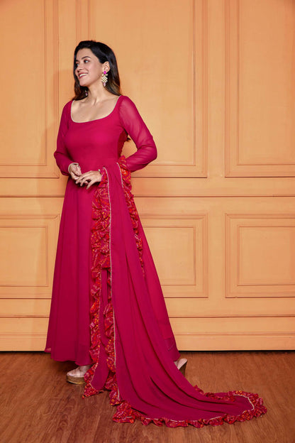 Raspberry Pink Sheer Back Anarkali with Dupatta