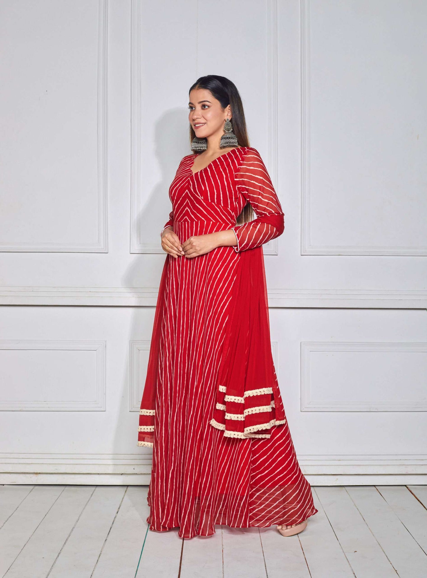 Scarlet Red Leheriya Anarkali with Dupatta