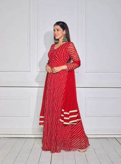 Scarlet Red Leheriya Anarkali with Dupatta