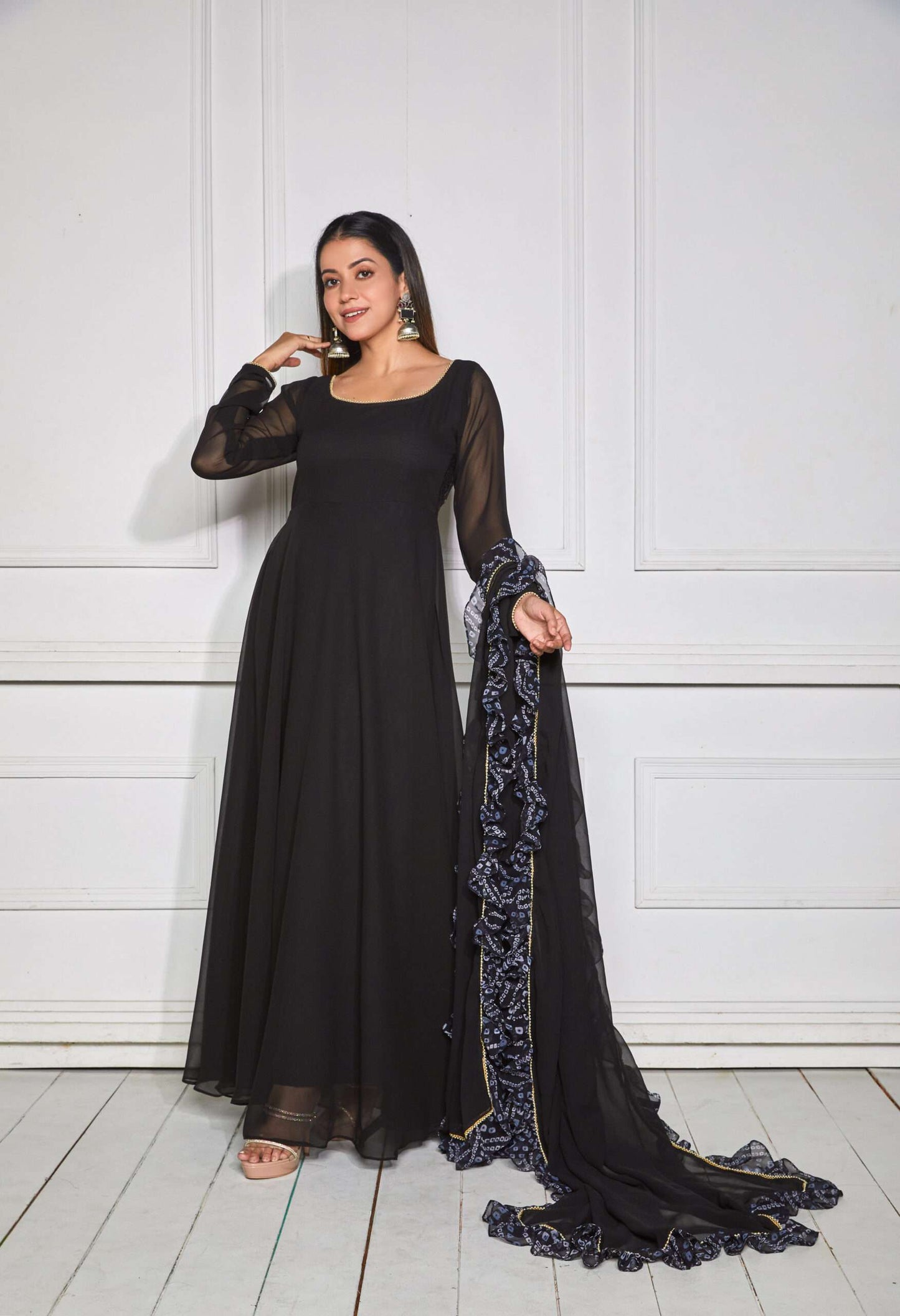 Raisin Black Sheer Back Anarkali with Dupatta