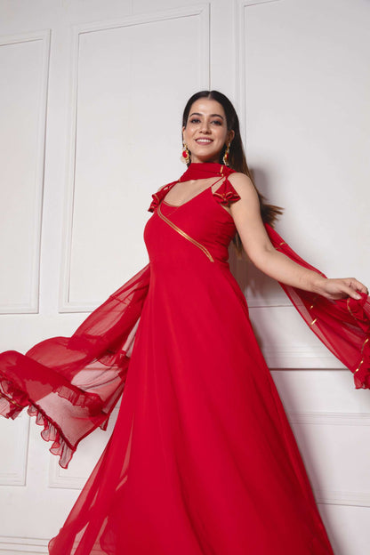 Crimson Red Strappy Anarkali with Dupatta