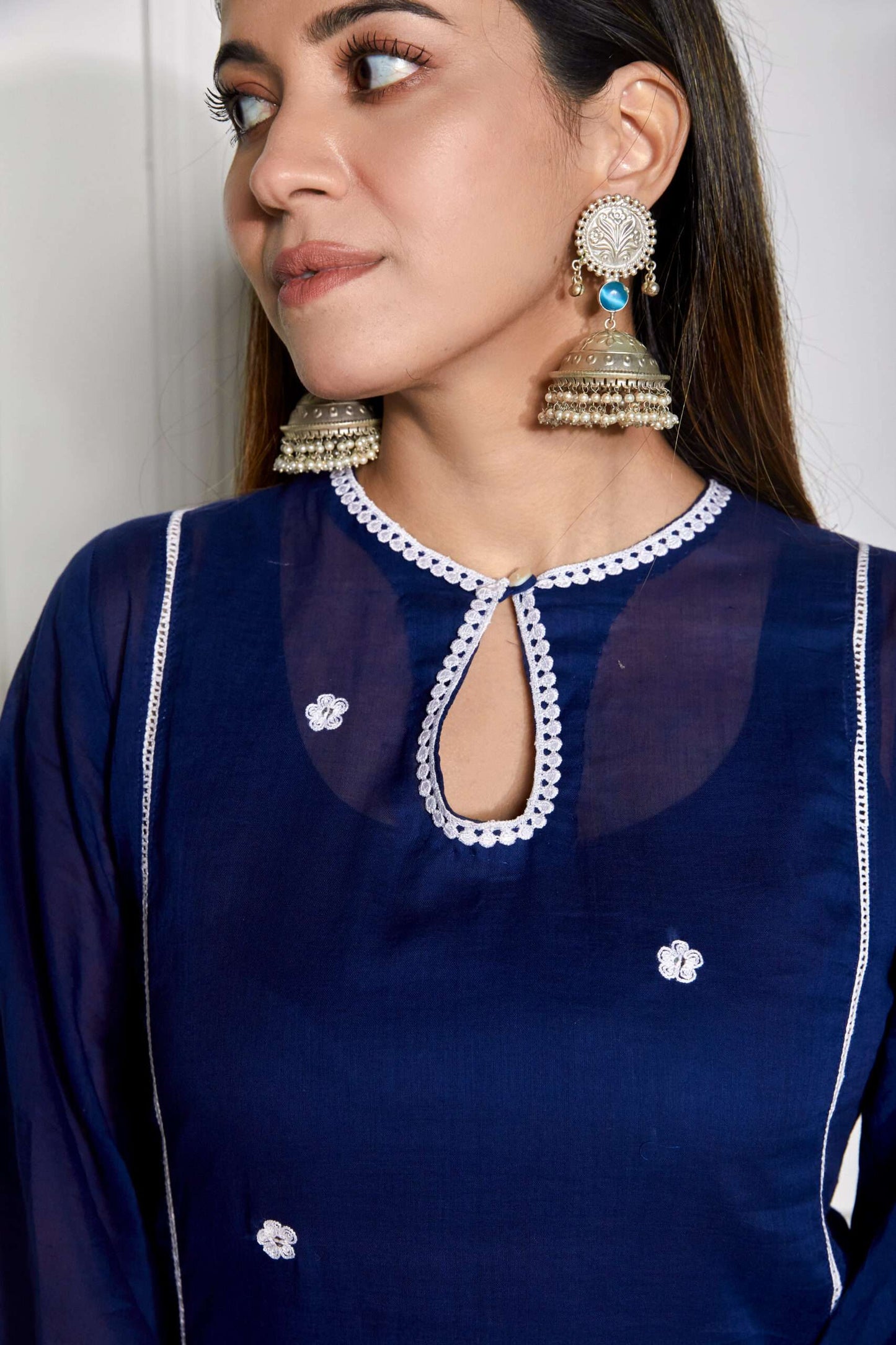 Twilight Blue Lacy Mulmul Kurta Set