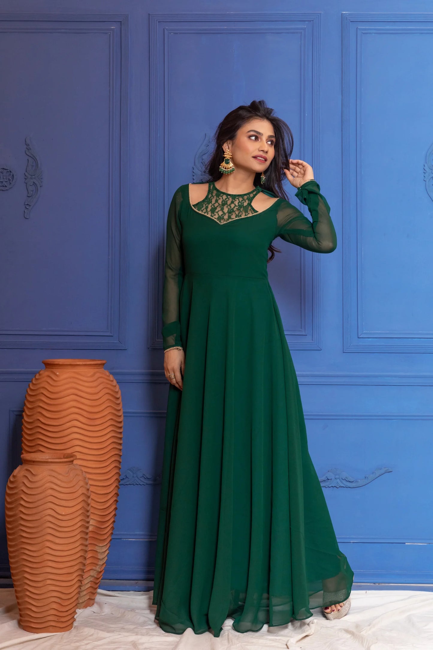 Turquoise Green Illusion Neck Anarkali