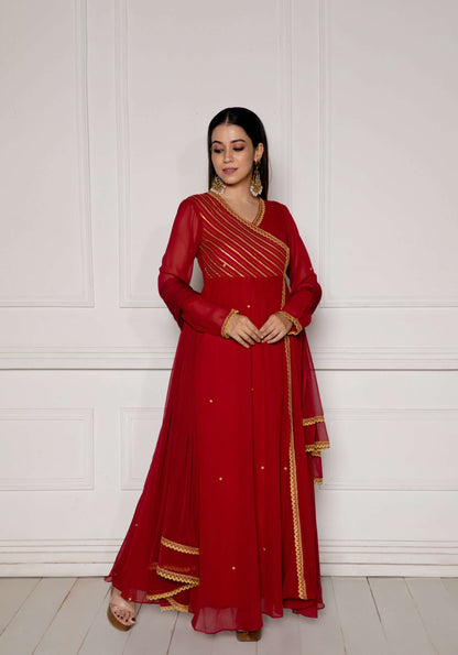 Jasper Red Embroidered Anarkali with Dupatta