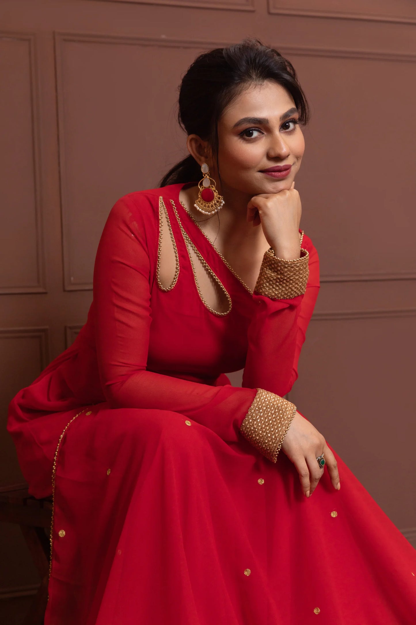 Red Petal Neck Anarkali with Dupatta