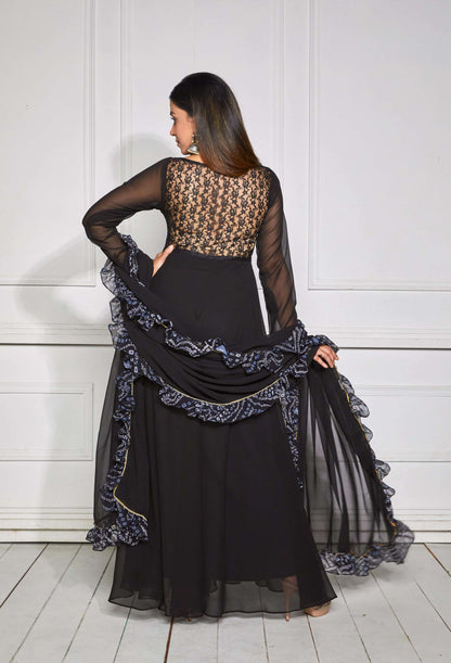 Raisin Black Sheer Back Anarkali with Dupatta