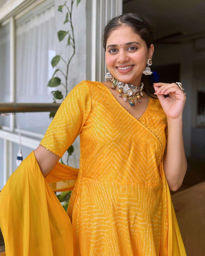 Yellow Bandhani Anarkali with Dupatta