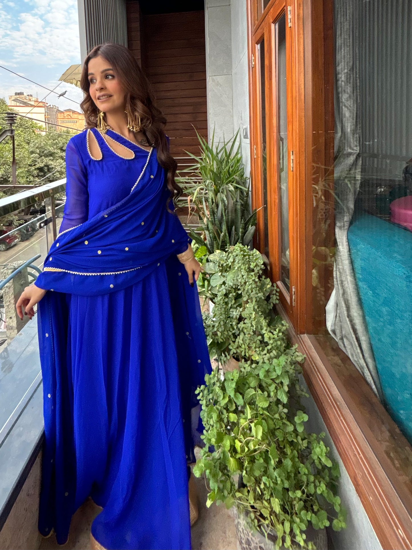 Roman Blue Petal Neck Anarkali with Dupatta