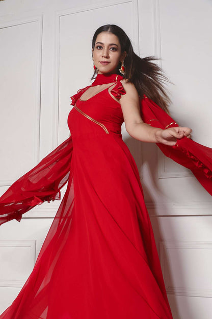 Crimson Red Strappy Anarkali with Dupatta