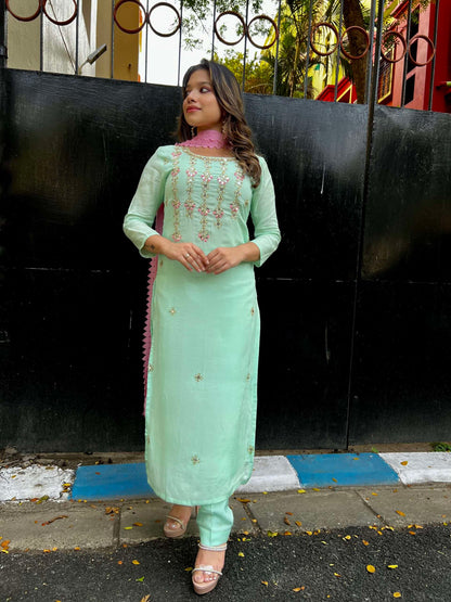 Mint Green Kurta Set with Shisha Embroidery