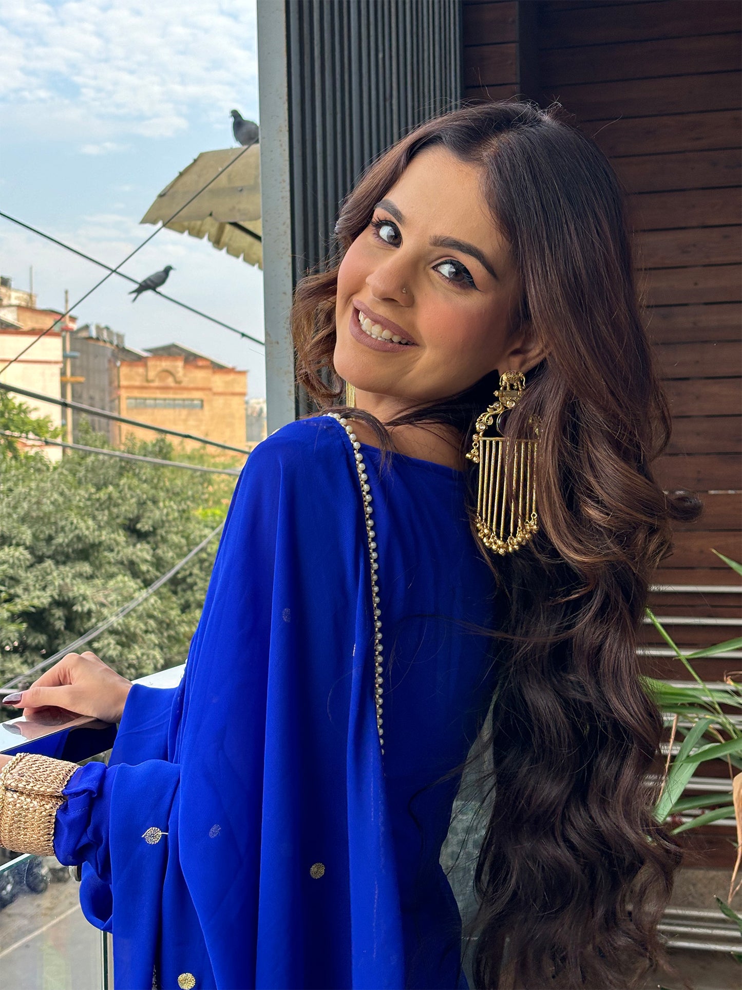 Roman Blue Petal Neck Anarkali with Dupatta