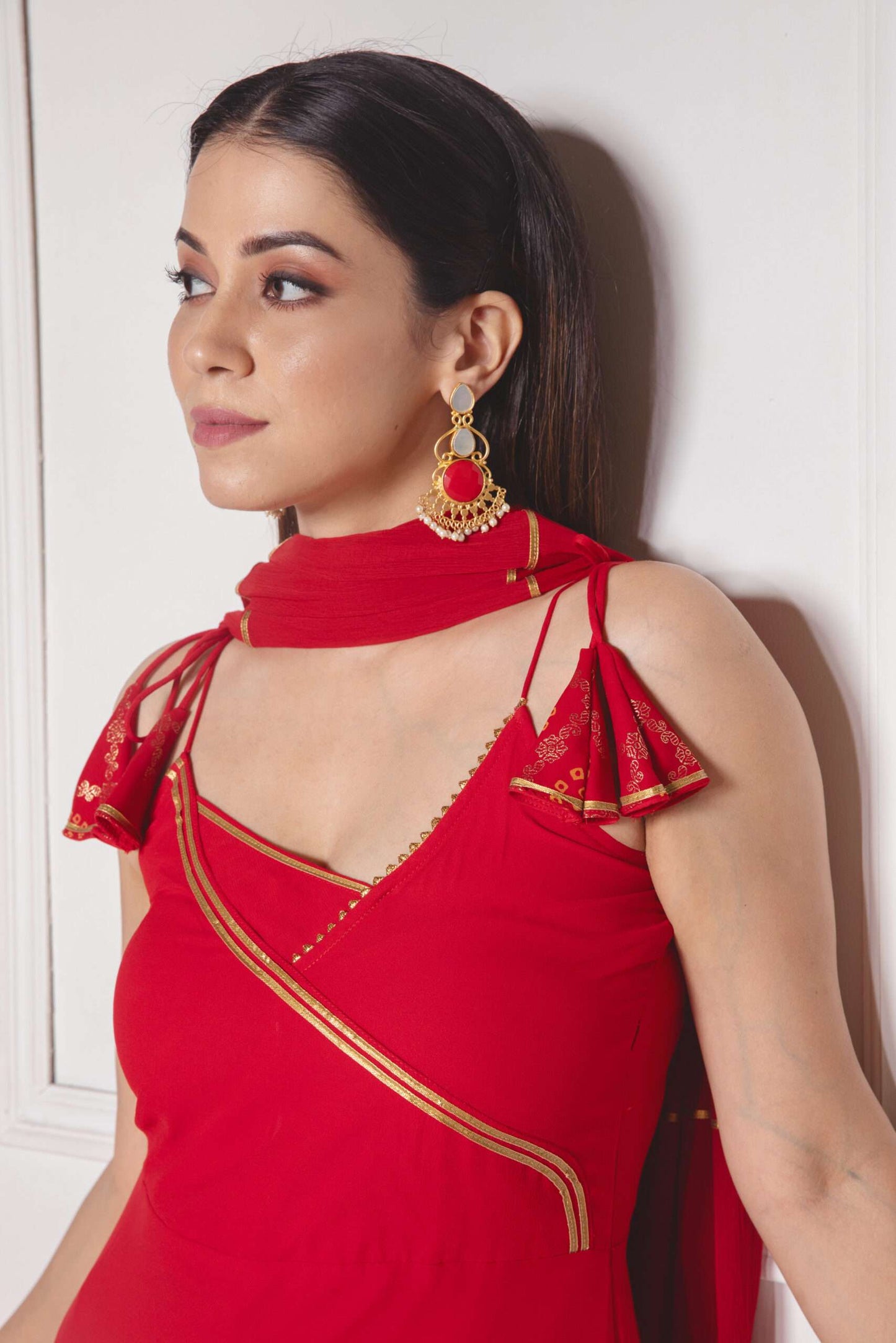 Crimson Red Strappy Anarkali with Dupatta