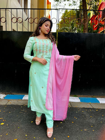 Mint Green Kurta Set with Shisha Embroidery