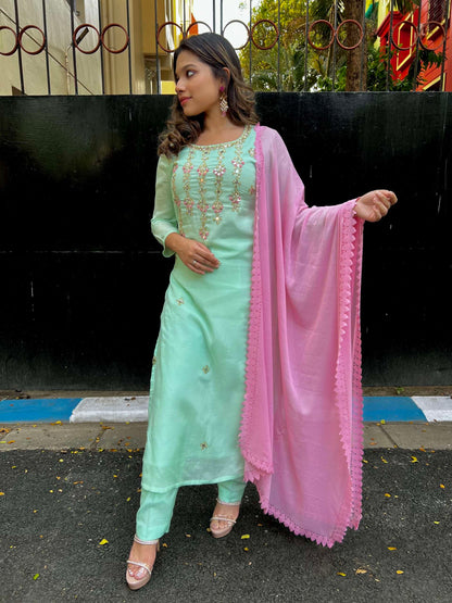 Mint Green Kurta Set with Shisha Embroidery