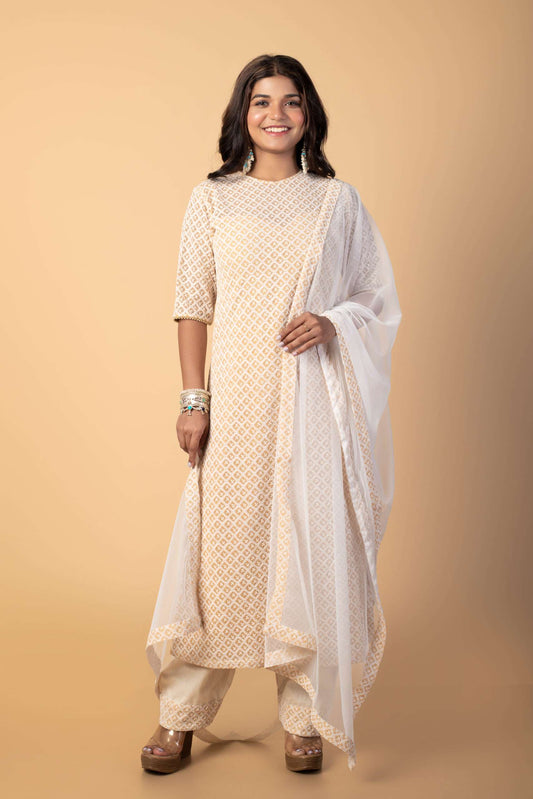  Dewdrop Beige Embroidered Kurta Set