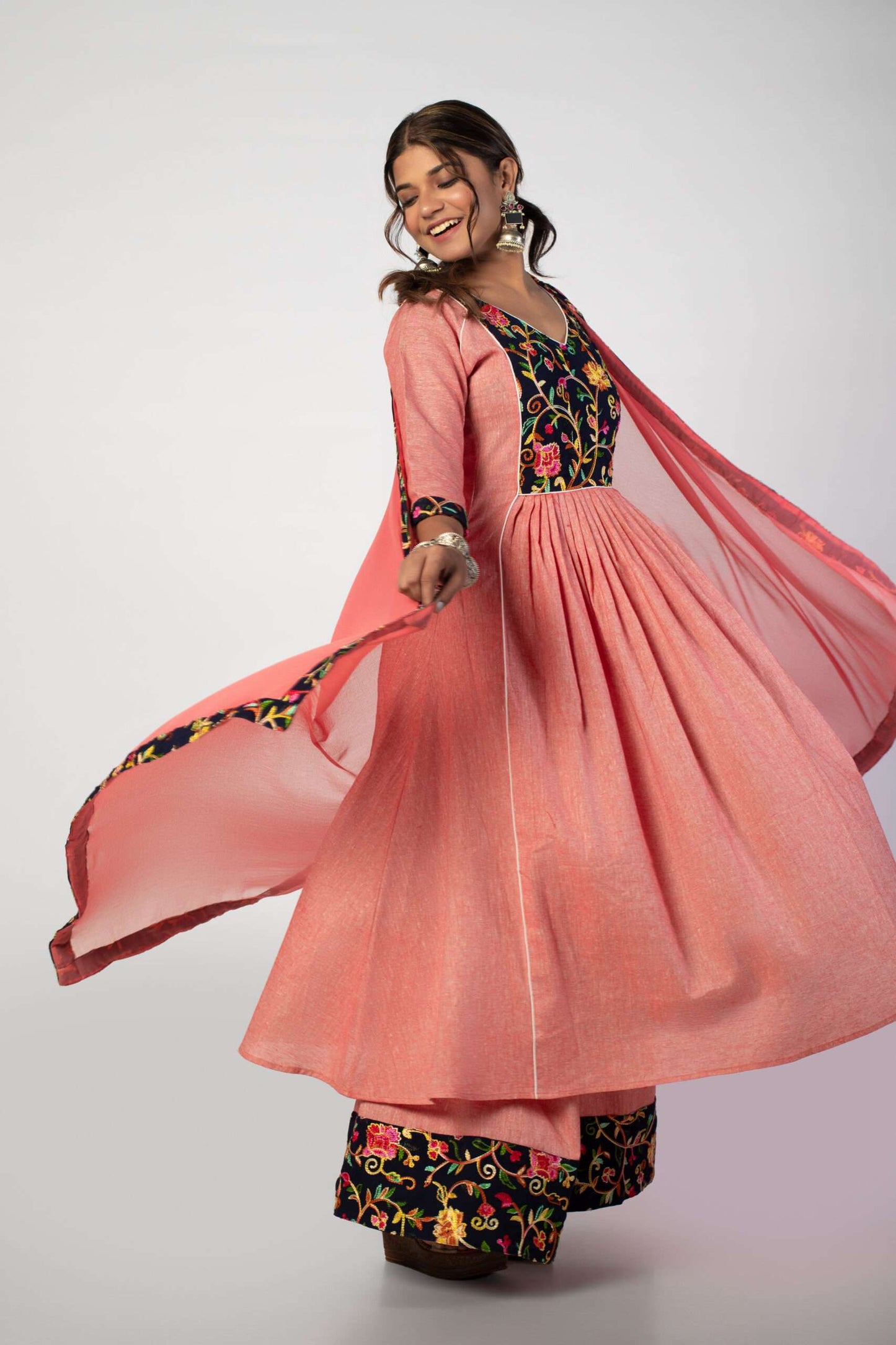 Peach Blossom Embroidered Kurta Set