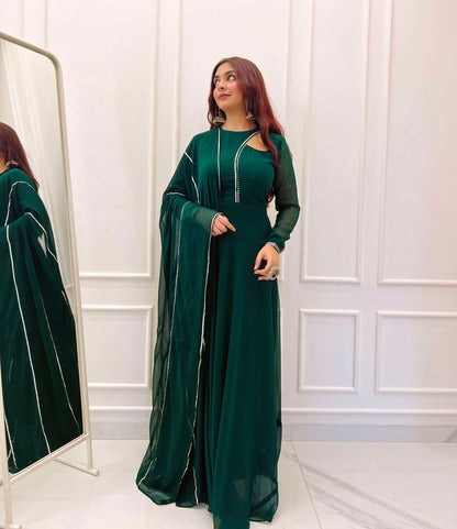 Bottle Green Anarkali with Dupatta