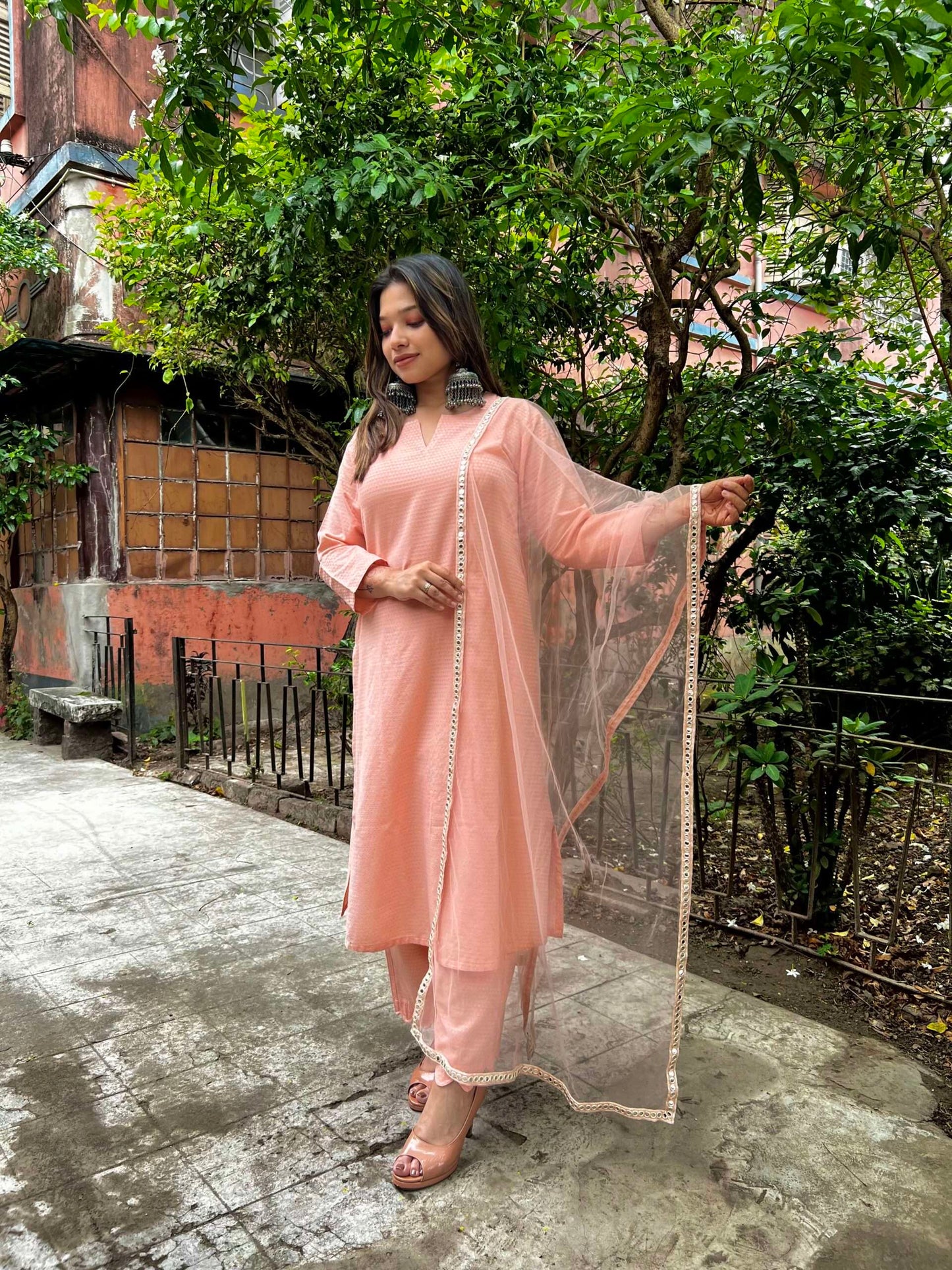 Peach Rozanna Kurta Set with Embroidery Dupatta