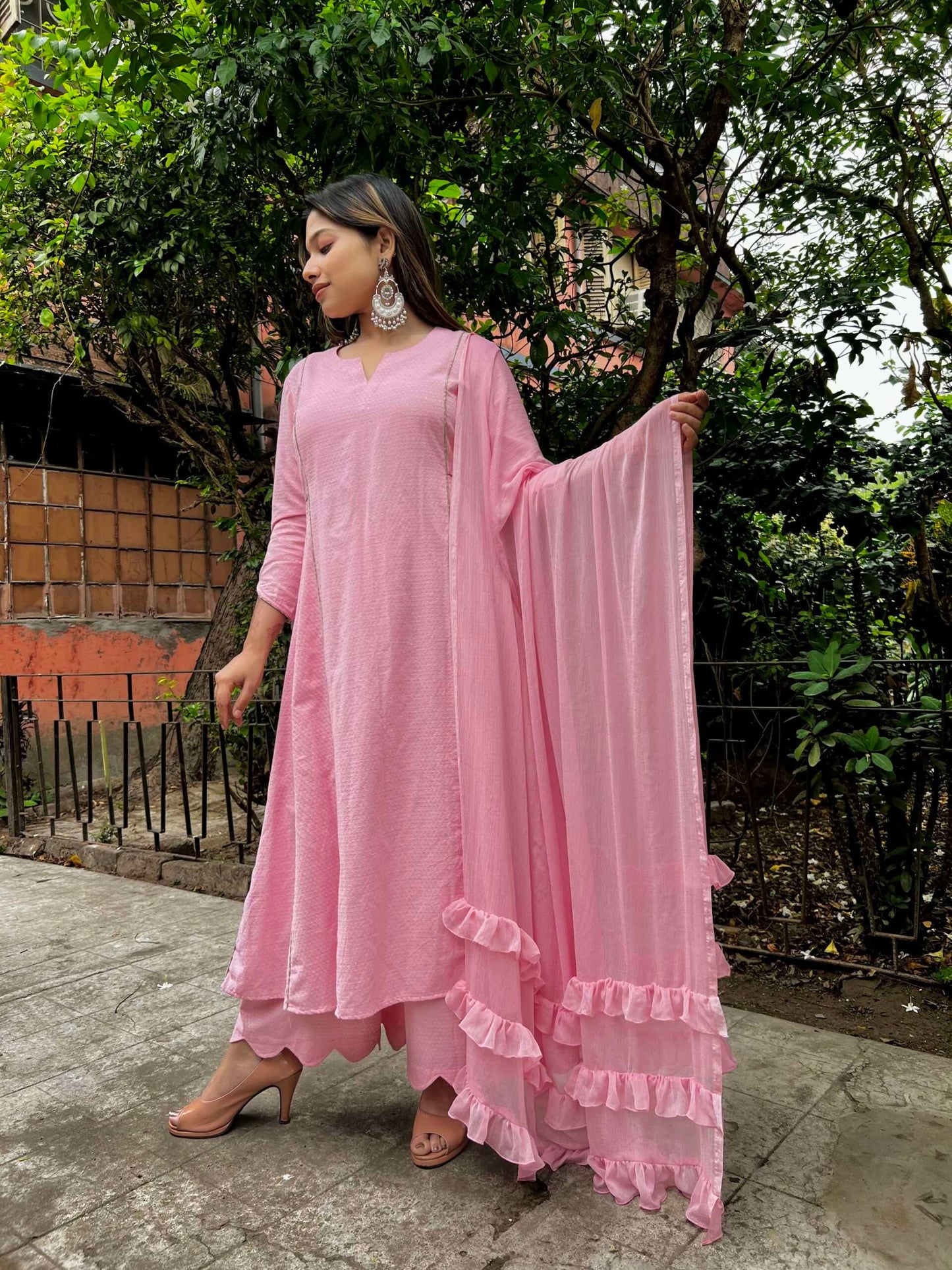 Pink Rozanna Kurta Set with Frill Dupatta