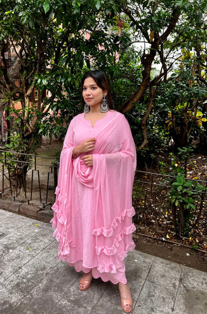 Pink Rozanna Kurta Set with Frill Dupatta