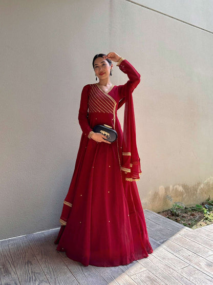 Jasper Red Embroidered Anarkali with Dupatta