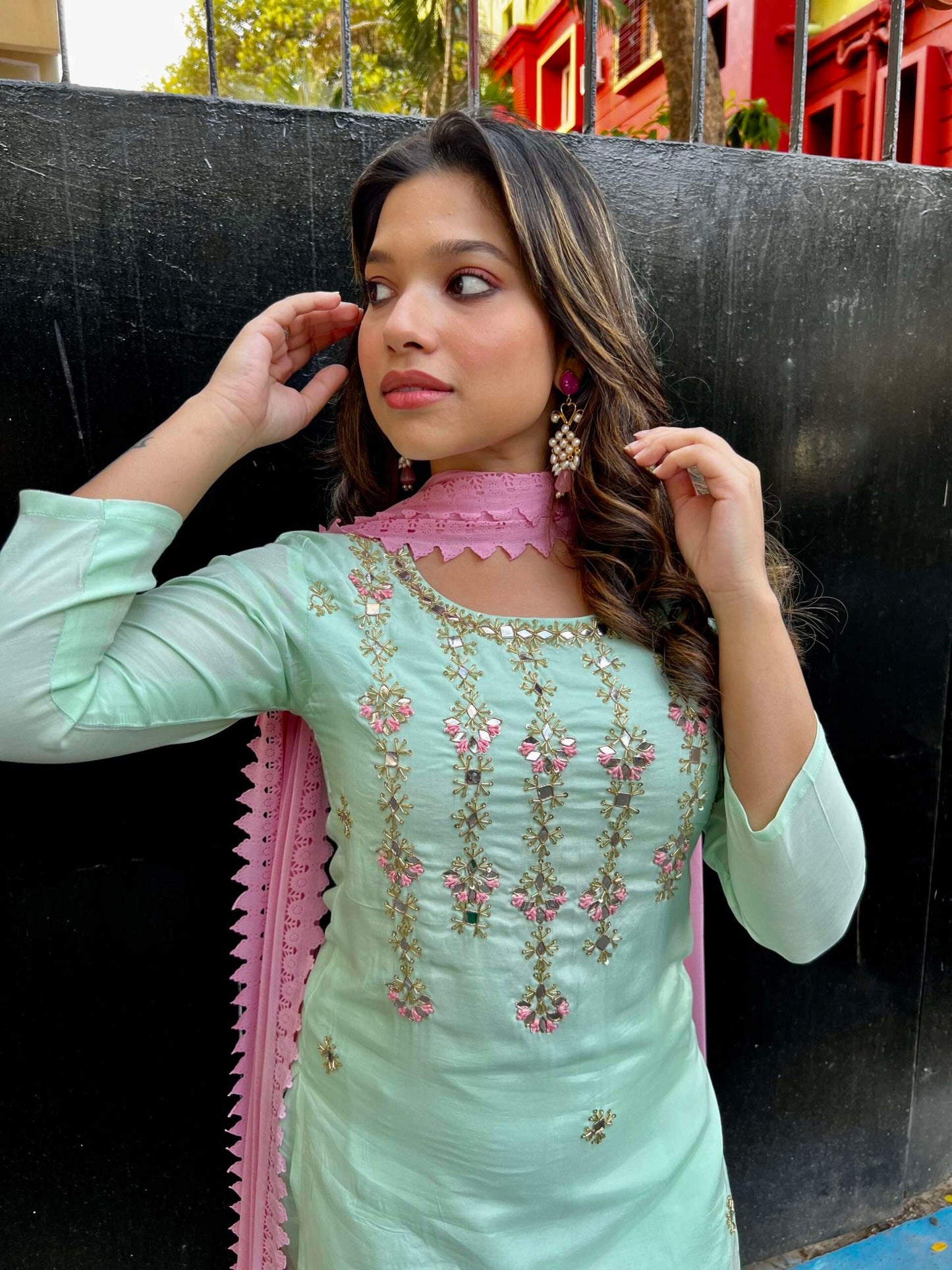 Mint Green Kurta Set with Shisha Embroidery