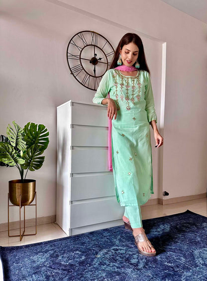 Mint Green Kurta Set with Shisha Embroidery